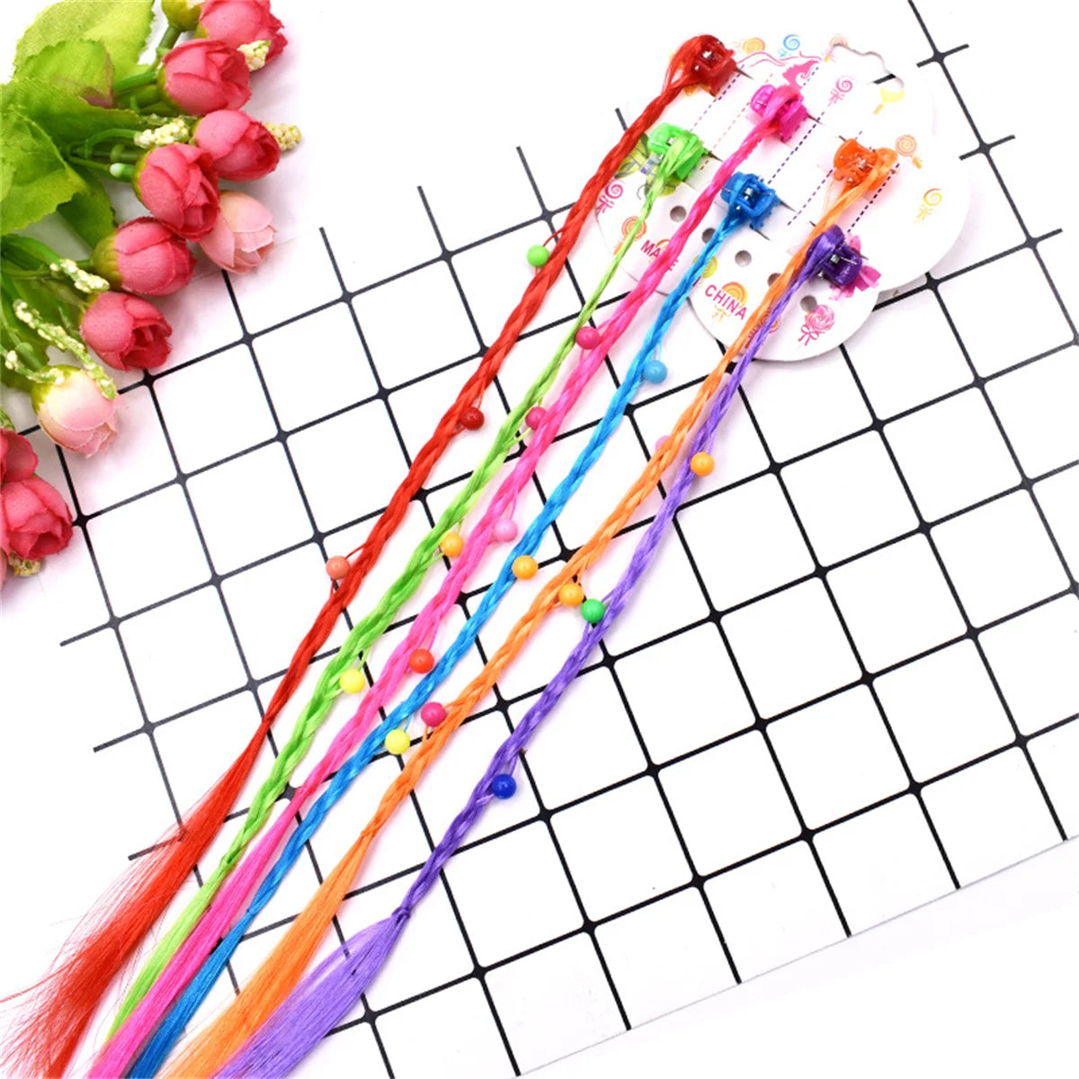 6Pcs/Set Colorful Braids Hair Extensions with Hair Clips Girls Rainbow Braided Ponytail Hairpieces Hair Accessories for Kids
