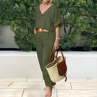 2024 Women's Fashion Casual Summer Multi-Color V-Neck Loose Cotton And Linen Suit New In Matching Sets For Women 2 Pieces