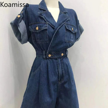 Koamissa Fashion New Women Denim Jumpsuits Ladies Short Sleeves Summer Jeans Rompers Waist Slim Causal Loose A Line Playsuits