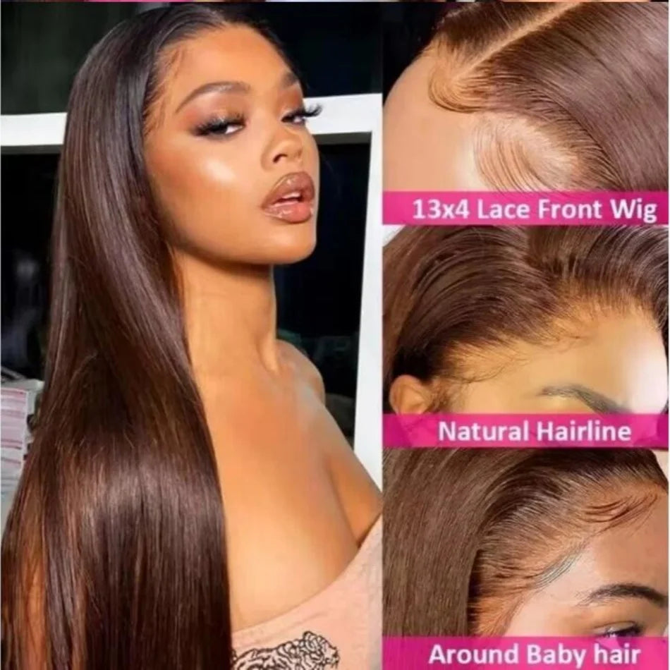 36 Inch Bone Straight Chocolate Brown 13x6 Lace Frontal Wigs 100% Brazilian Virgin Hair Pre Plucked Glueless Wigs Human Hair Wig