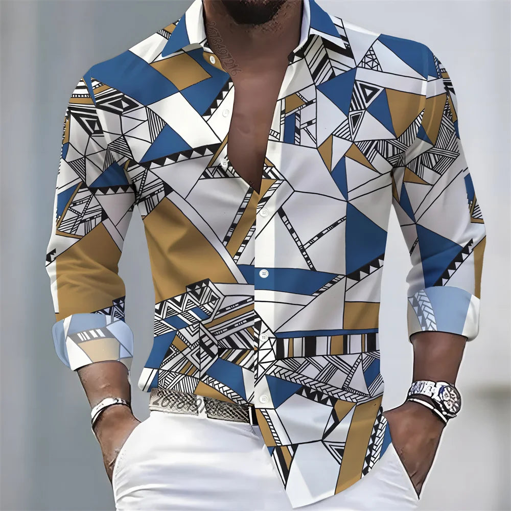 Summer lightweight men's printed long-sleeved shirt, retro floral plaid color-blocked casual shirt, Hawaiian vacation style top.