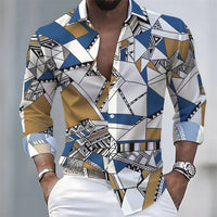 Summer lightweight men's printed long-sleeved shirt, retro floral plaid color-blocked casual shirt, Hawaiian vacation style top.