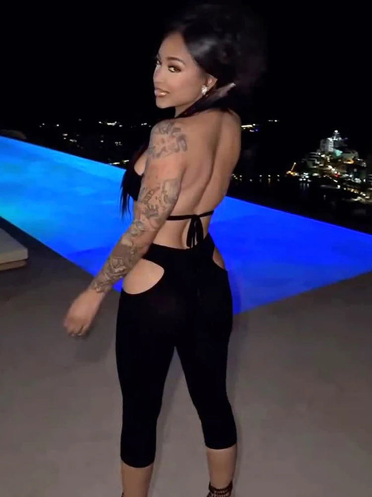 Weird Puss Furry Sexy 2 Piece Set Women Tracksuit Backless Tank Tops+High Waist Hollow Bike Shorts Nightclub Matching Outfits