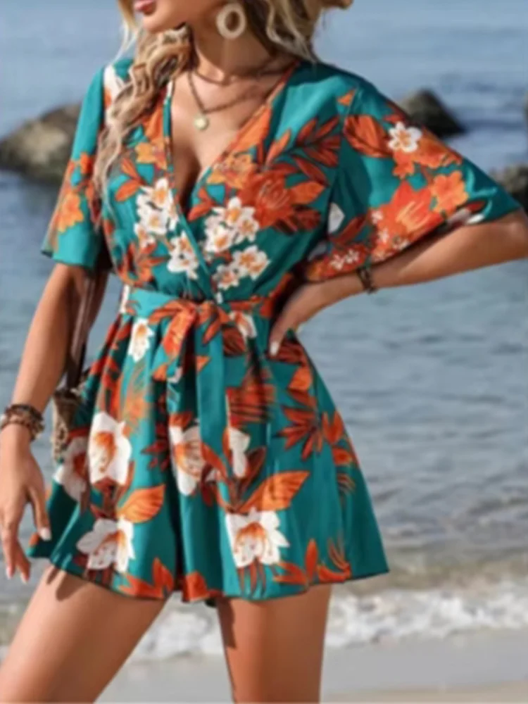 Loose High Waisted Short Sleeve Jumpsuit V-neck Printed Women Jumpsuit Beach Vacation Comfortable Summer Clothes
