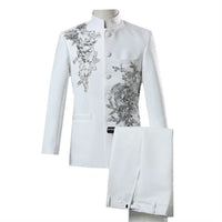 New Men Luxury Decal Suits Black / Red / Blue / White Fashion Singer Host Stage Performance Splicing Flower Blazers and Pants