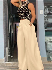 2026 Summer Fashion Printing Two Piece Set Women Casual Solid Sleeveless Tank Top Wide Leg Pants Two Piece Set Women