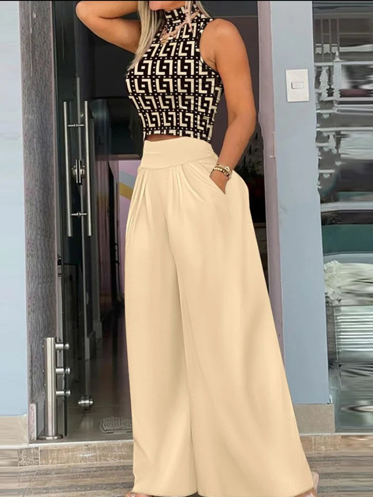 2026 Summer Fashion Printing Two Piece Set Women Casual Solid Sleeveless Tank Top Wide Leg Pants Two Piece Set Women
