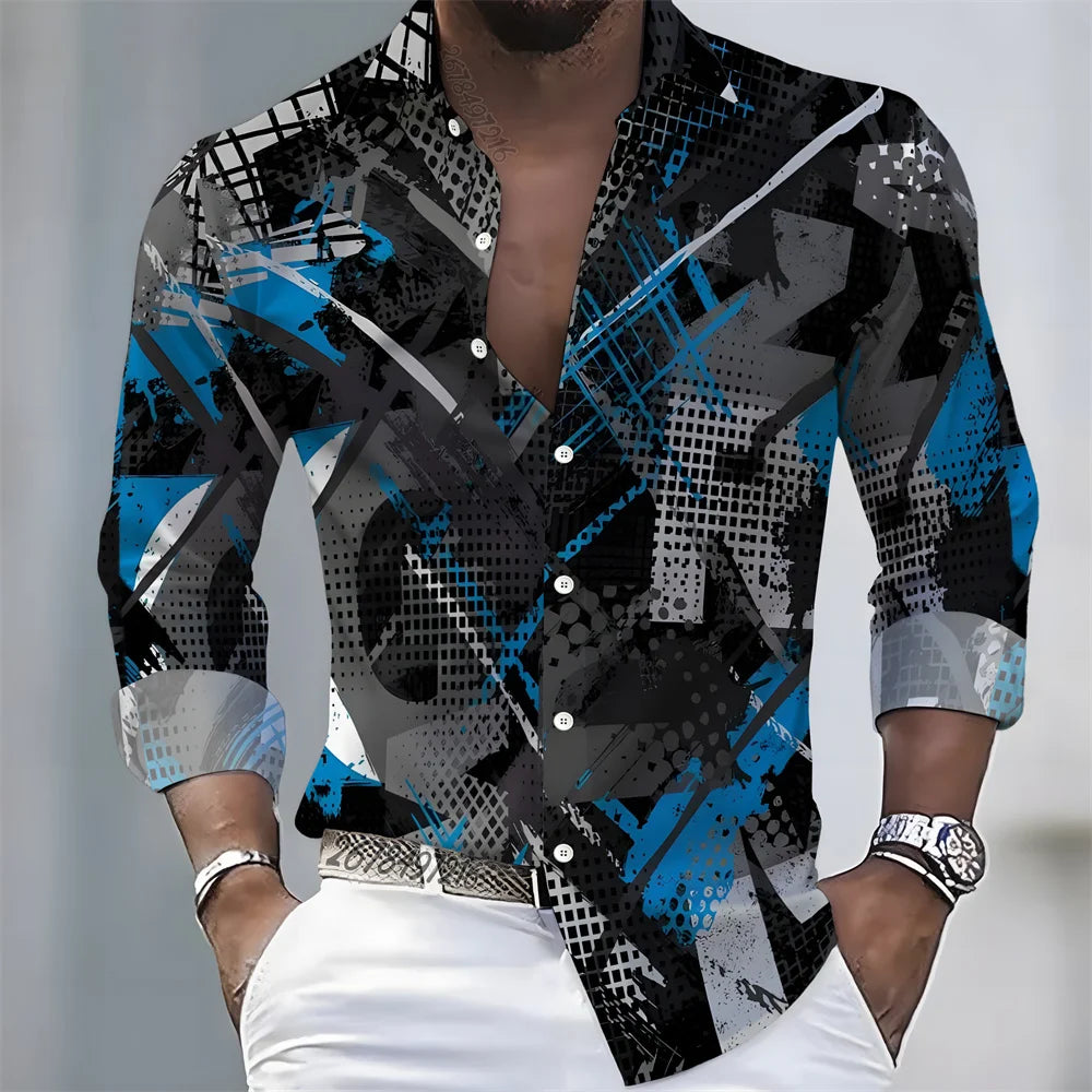 American retro patchwork print men's long-sleeved shirt, casual spring and autumn turn-down collar cardigan, plus size men's top