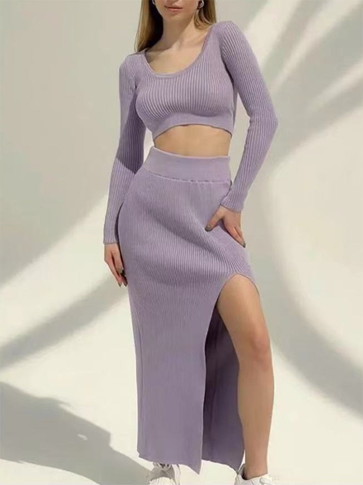 2022 Knitted Winter Women Sexy Sweater Skirt Suit Y2K Fashion Long Sleeve Crop Tops And Long Split Skirt Dress Two Piece Sets