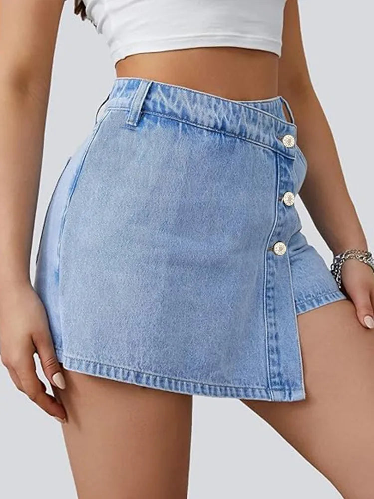 Women's Denim Shorts High Waisted Asymmetric Button Detailing Ideal for Trendy Summer Outfits Casual Occasions