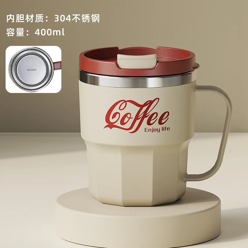 400ml 304 Stainless Steel Coffee Cup Mug with Lid Double-Wall Insulated Cup with Handle & Lid Heat-resistant Drinkware