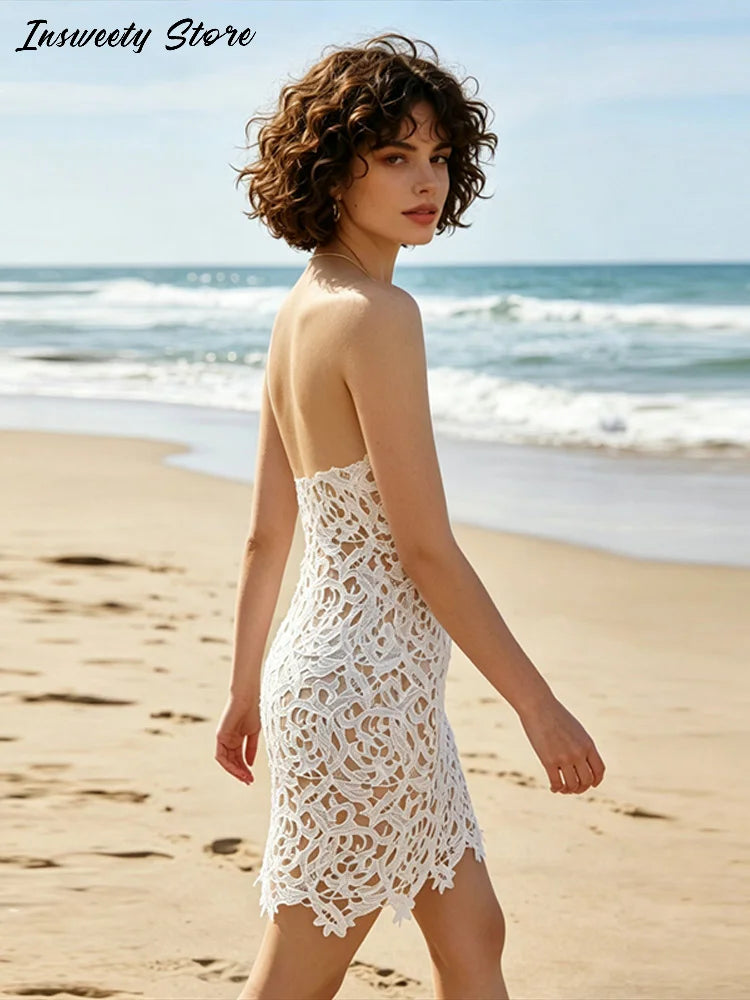 Sexy Solid Color Hollow Out Dress Women's Slim Sleeveless Backless Mini Dresses 2026 Summer New Lady Bohemian Beach Resort Wear