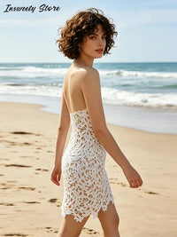 Sexy Solid Color Hollow Out Dress Women's Slim Sleeveless Backless Mini Dresses 2026 Summer New Lady Bohemian Beach Resort Wear