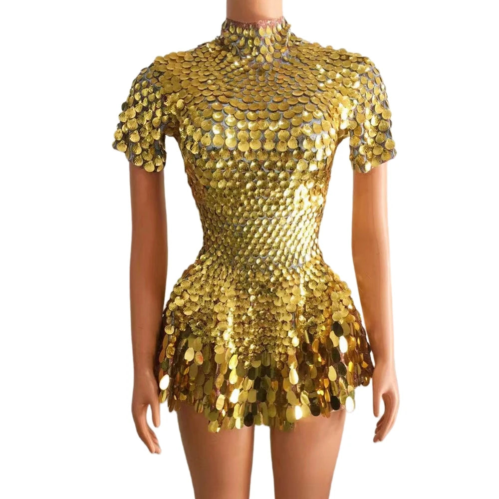 Women Party Celebriate Birthday Dress Sexy Nightclub Performance Dance Costume Show Dress Stage Wear Shiny Sequins Short Dress