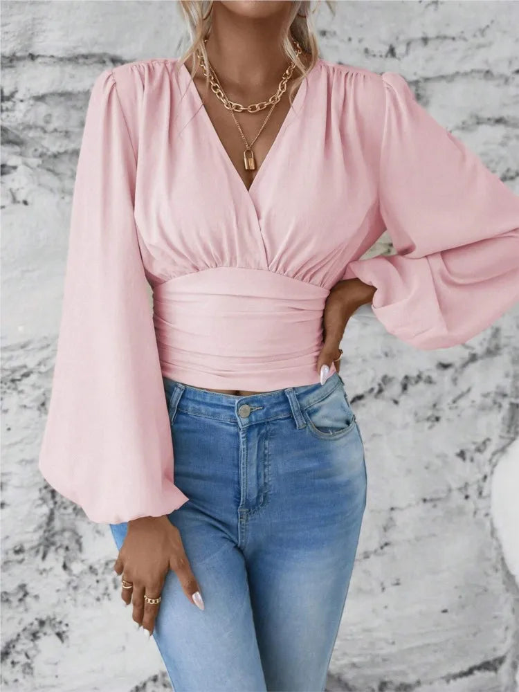 2024 Women's Spring Autumn New Fashionable Waist Collection Sexy V-neck Bag Sleeve Solid Color Wrinkled Long Sleeve Top