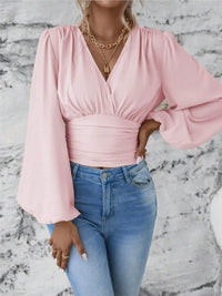 2024 Women's Spring Autumn New Fashionable Waist Collection Sexy V-neck Bag Sleeve Solid Color Wrinkled Long Sleeve Top