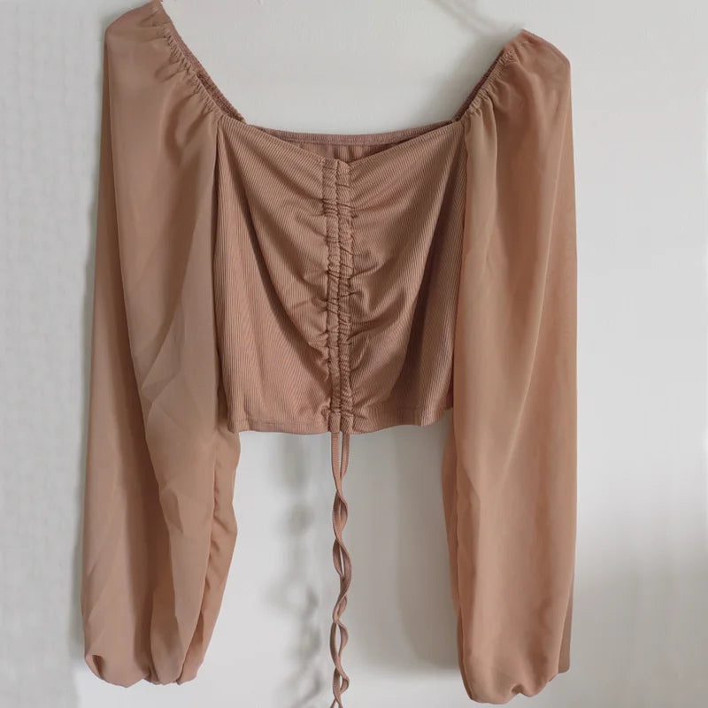 Horetong Women's Sexy V-neck Off-Shoulder Blouses Summer Drawstring Bandage Long Sleeve Tops Ladies Korean Fashion Short Clothes