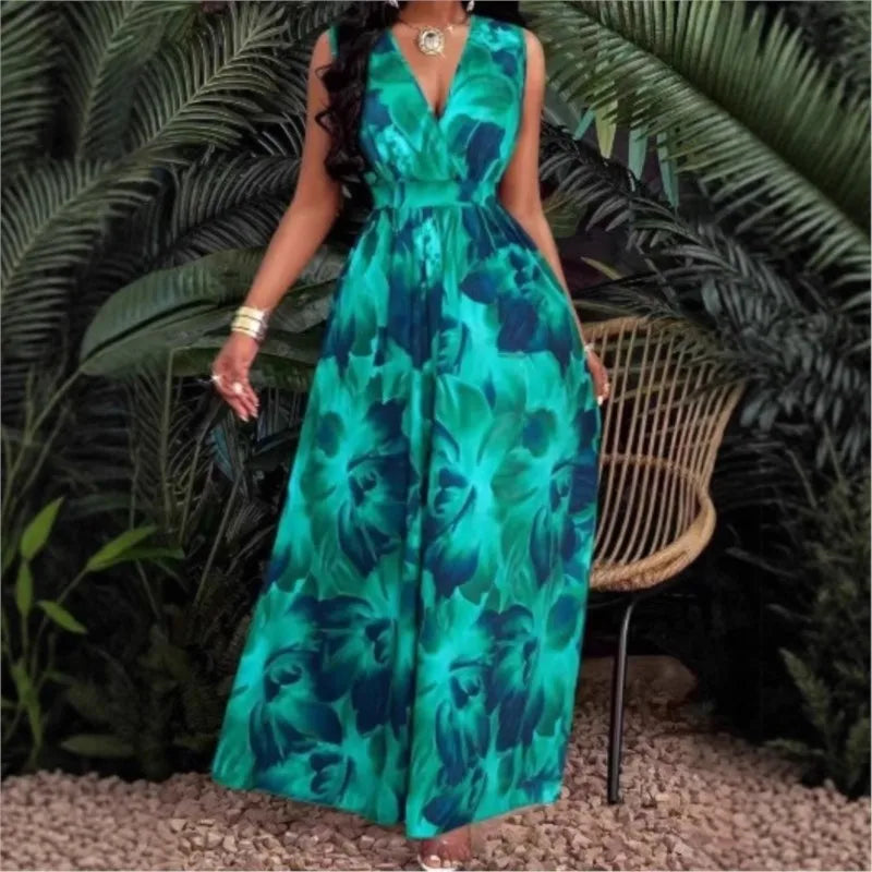 Women's Dress New Summer Sexy Fashion V-neck Top Lace-Up Printed Pleated Waist Sleeveless Slim Fit Boho Maxi Dresses For Women