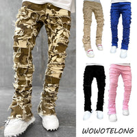 High Street White Men's Stacked Jeans Stretched Patchwork Tassel Damaged Denim Full Length Pants Hip-pop Trousers For Male ﻿