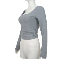 Square-Cut Collar T-shirt Slim Long Sleeve Tops Sexy Woman Clothing Both Side Pleats Tee Shirt Autumn & Winter 2025 New 2524