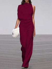 Spring And Summer Simple Solid Color Fashion One-shoulder Pile Collar Jumpsuit British Style Mid-waist Pleated Hollow Jumpsuit