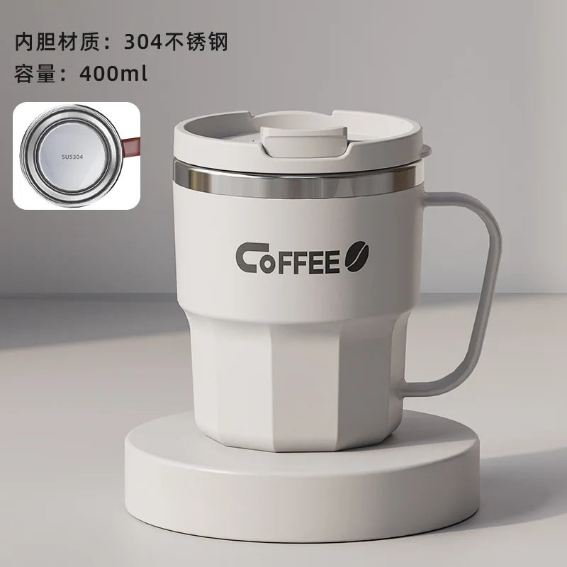 400ml 304 Stainless Steel Coffee Cup Mug with Lid Double-Wall Insulated Cup with Handle & Lid Heat-resistant Drinkware