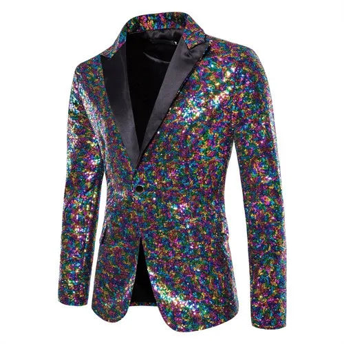 Shiny Sequin Men's Suit Jacket, Stage Performance Coat, White Silver Blue Red Purple Blazers V-neck Single Button S M L XL XXL