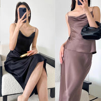 Ele Satin Acetate ter Dr Women's Smooth Glossy Tee-Vein Neline Strapl Midi Skirt Four Colors Available