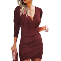 2024 burst waist show thin solid color v-neck long sleeve tight skirt folk wind nightclub dress woman