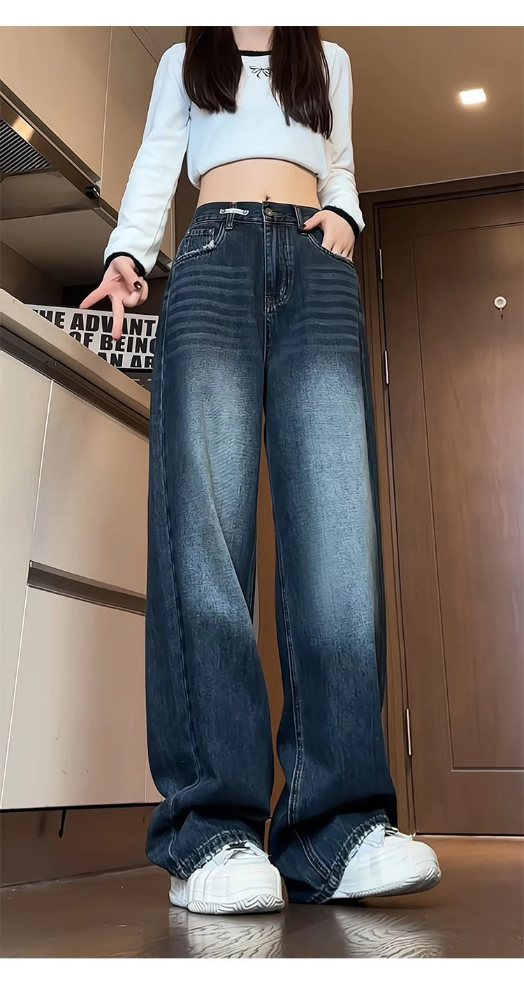 Jeans women's loose straight spring and autumn 2025 new large size American casual retro all-match wide-leg trousers trend