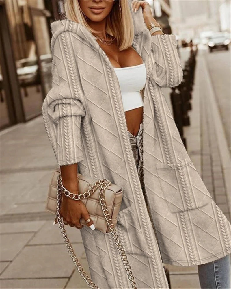 Autumn New Elegant Casual Woman’s Jackets Cable Textured Hooded Longline Coat Winter Cardigan Solid Coats for Women 2023