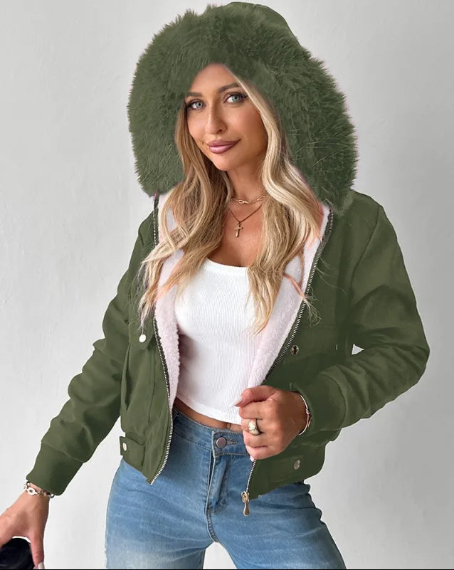 Large Fur Collar Hooded Zipper Sweatshirt Women's Jacket Winter Vintage Casual Hoodies Short Coat for Female Outfits Streetwear
