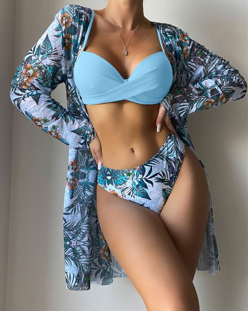 Floral Print Bikini Set Women Low Waist Twist Swimsuit Long Sleeve Cover Up Three Pieces 2023 Summer Beach Bathing Suit Swimwear