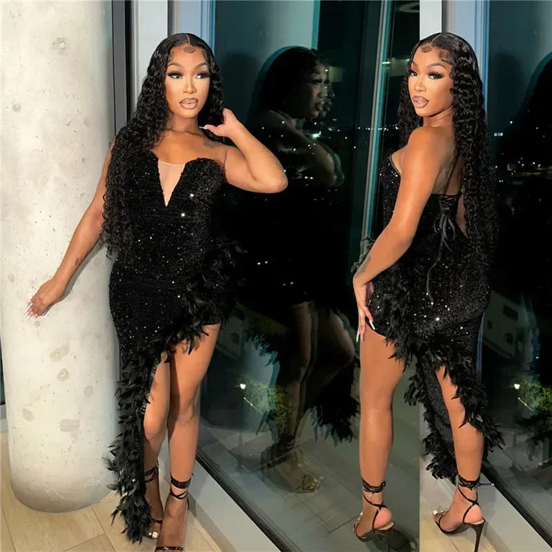 Black Summer Women Strapless Sleeveless Bodycon Sexy Glam Sequins Dress Feather Irregular Bling Long Night Club Party Dresses