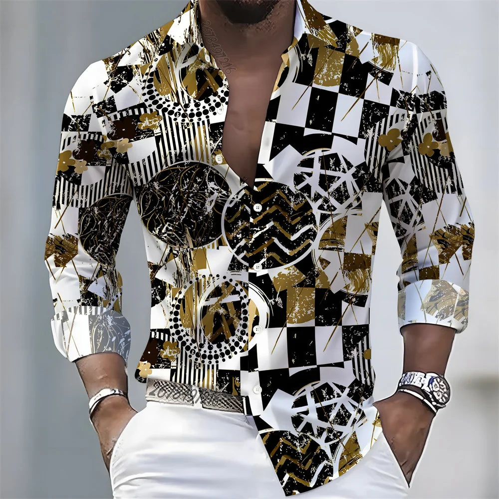 2026 Spring/Autumn New Men's Light Luxury Baroque Style Long-Sleeved Shirt with Color-Blocked Geometric Print Lapel Cardigan
