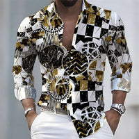 2026 Spring/Autumn New Men's Light Luxury Baroque Style Long-Sleeved Shirt with Color-Blocked Geometric Print Lapel Cardigan