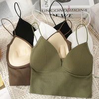 Women Seamless Crop Top Underwear Wire-Free V-Shaped Camisole Thin Straps Striped Solid Bralette Lingerie One-Piece Tube Tops