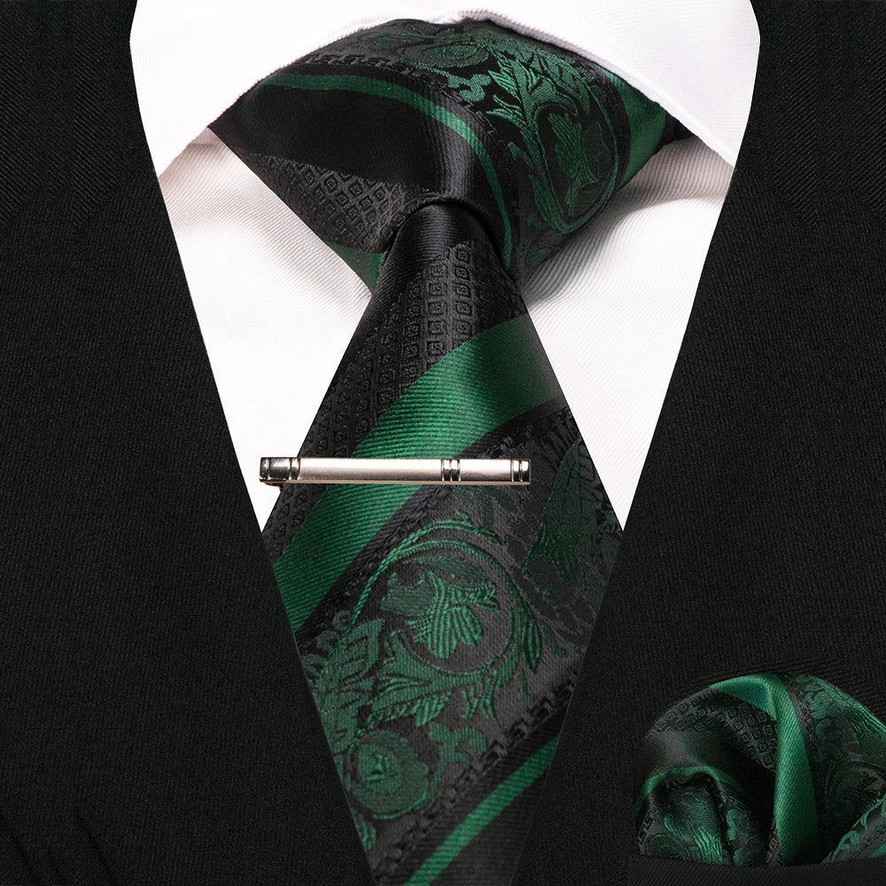 JEMYGINS Classic Silk Luxury Mens Ties Floral Striped Red Green Ties Paisley NeckTie Pocket Square Set Men's Wedding Party Tie