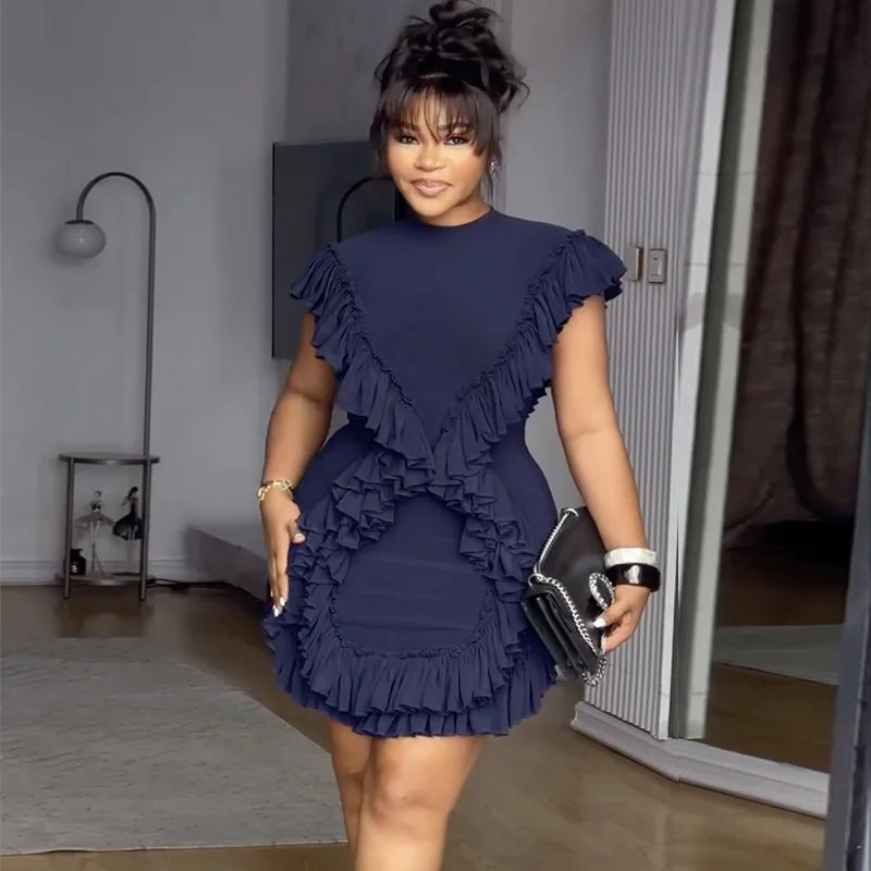 Women's Ruffle Hem Bodycon Dress Short Sleeve Round Neck Solid Mini Pencil Dresses Elegant Vintage Party Club Dresses Summer