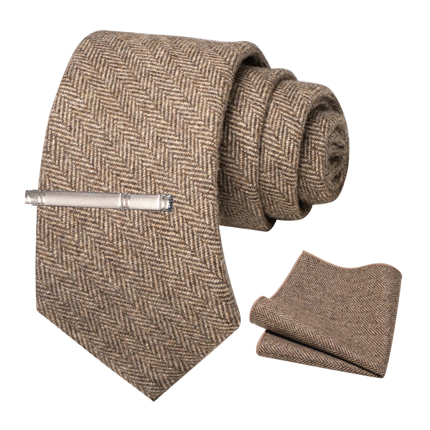 JEMYGINS Classic Wool Necktie For Men 8cm Brown Grey Men Striped Plaid Cashmere Tie Pocket Square Sets Wedding Accessory Gift