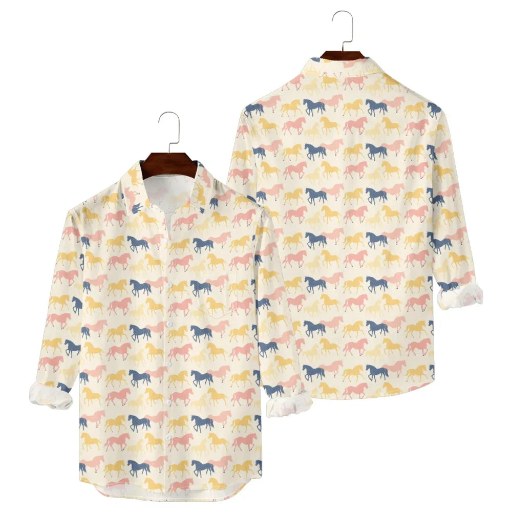 Hawaiian Button Up Shirts Equestrian Bloom Horse Floral Printed Full Sleeve Streetwear Casual Men Summer Vacay Beach Parties