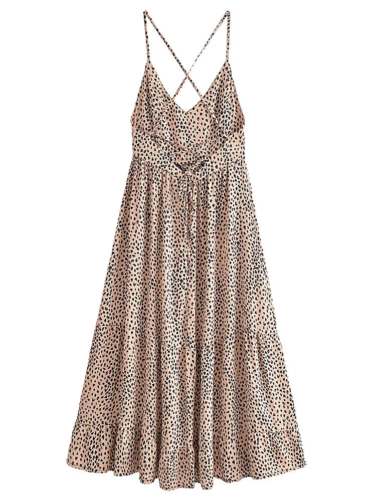 Vintage Chic Women Leopard Print V-neck Sleeveless Beach Bohemian Sundress Ladies Summer Sexy Backless Boho Maxi Dress Robe