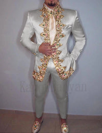 Men Suit 2020 Two Piece (Jacket+Pants+Belt) Italian Stand Collar Slim Fit Wedding Suit for Men Custom Made Embroidery Suit