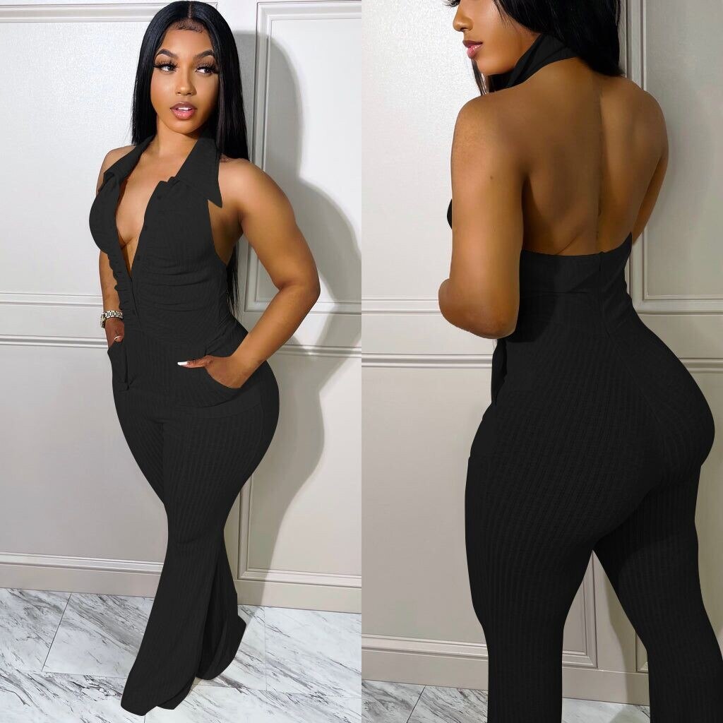 Casaul Women Jumpsuit Knit Ribbbed Backless Halter With Bottom Solid Color Streetwear Long Romper Women Jumpsuit Overalls