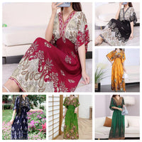 Women Beach Dress V-neck Printed Tight Waist Lady Summer Dress Half Sleeves Swomen Maxi Dress Lady Summer Dress Female Clothes