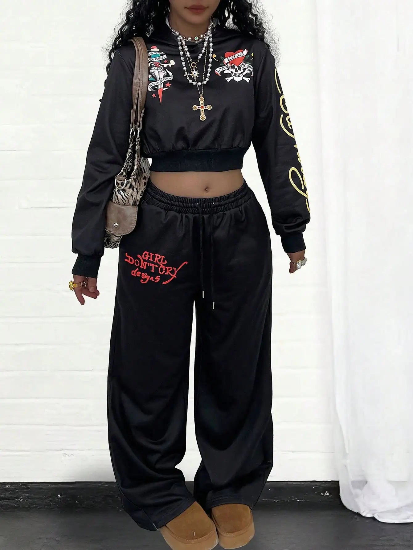 Ed Hardy Skull & Heart Print Cropped Hoodie and Wide Leg Pants Set - Gothic Streetwear
