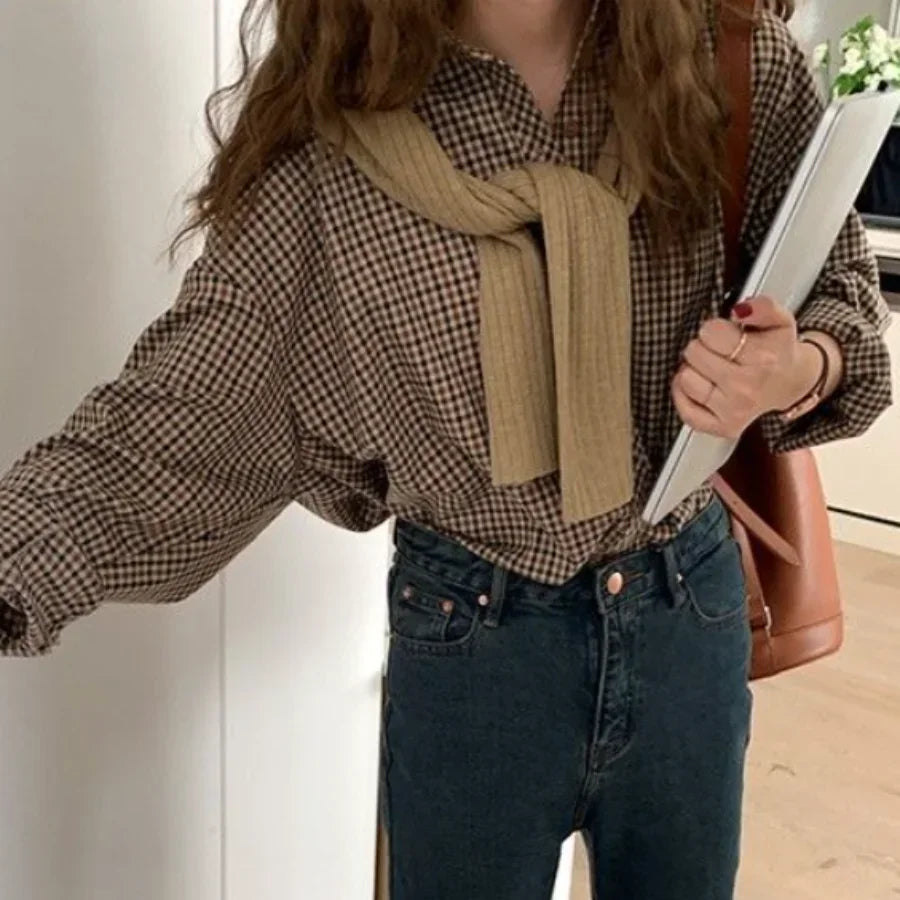 Plaid Shirts Women Retro Turn-down Collar Blouses All-match Straight Hong Kong Style Button Up Elegant Long Sleeve Outwear Femme