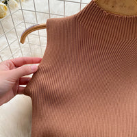 Brown Sleeveless Mini Dress Women's Mock Neck  Sundress Flared Stretchy Ribbed Knit A-Line Casual Summer Party Vacation Dress
