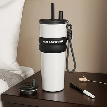 Stainless Steel Vacuum Insulated Bottle Large Caliber Large Capacity Thermal Cup With Straw with Lifting Rope Insulated Cup Car