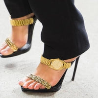 Black Golden Watch Embelished High Heel Sandals Gladiator Open Toe Woman Ankle Strap Thin High Summer Party Dress Shoes